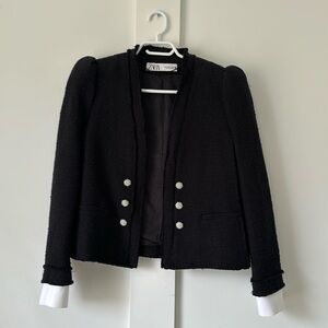 ZARA Women’s Black Tweed Blazer with Jewel Buttons & White Sleeve Detail